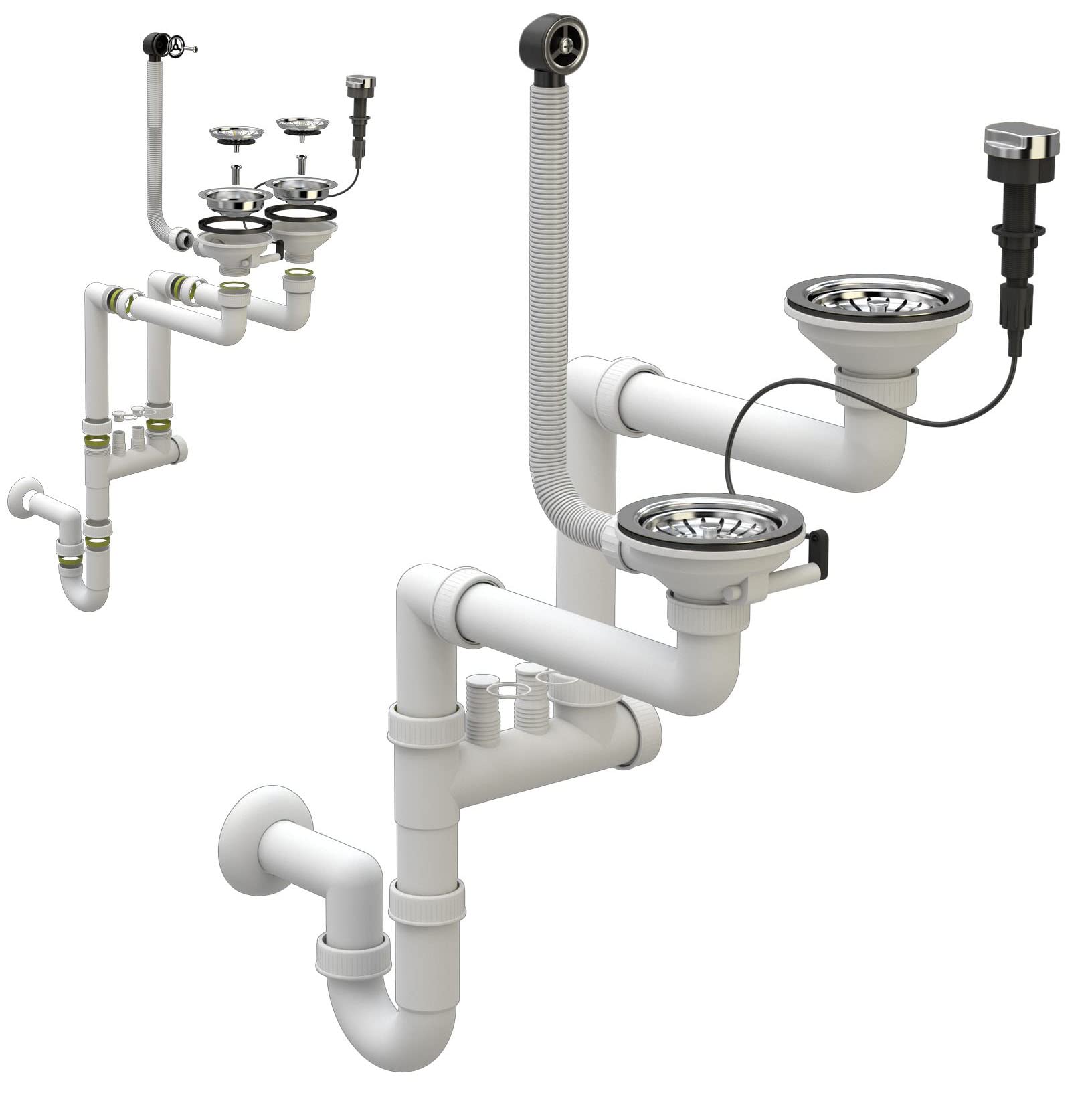 Siphon double raccord peu encombrant - Bonde d'évier de cuisine - Kit avec raccord pour lave-vaisselle - Diamètre : 115 mm - Bonde pour 2 bacs avec bouchons automatiques - Chromé Granitan