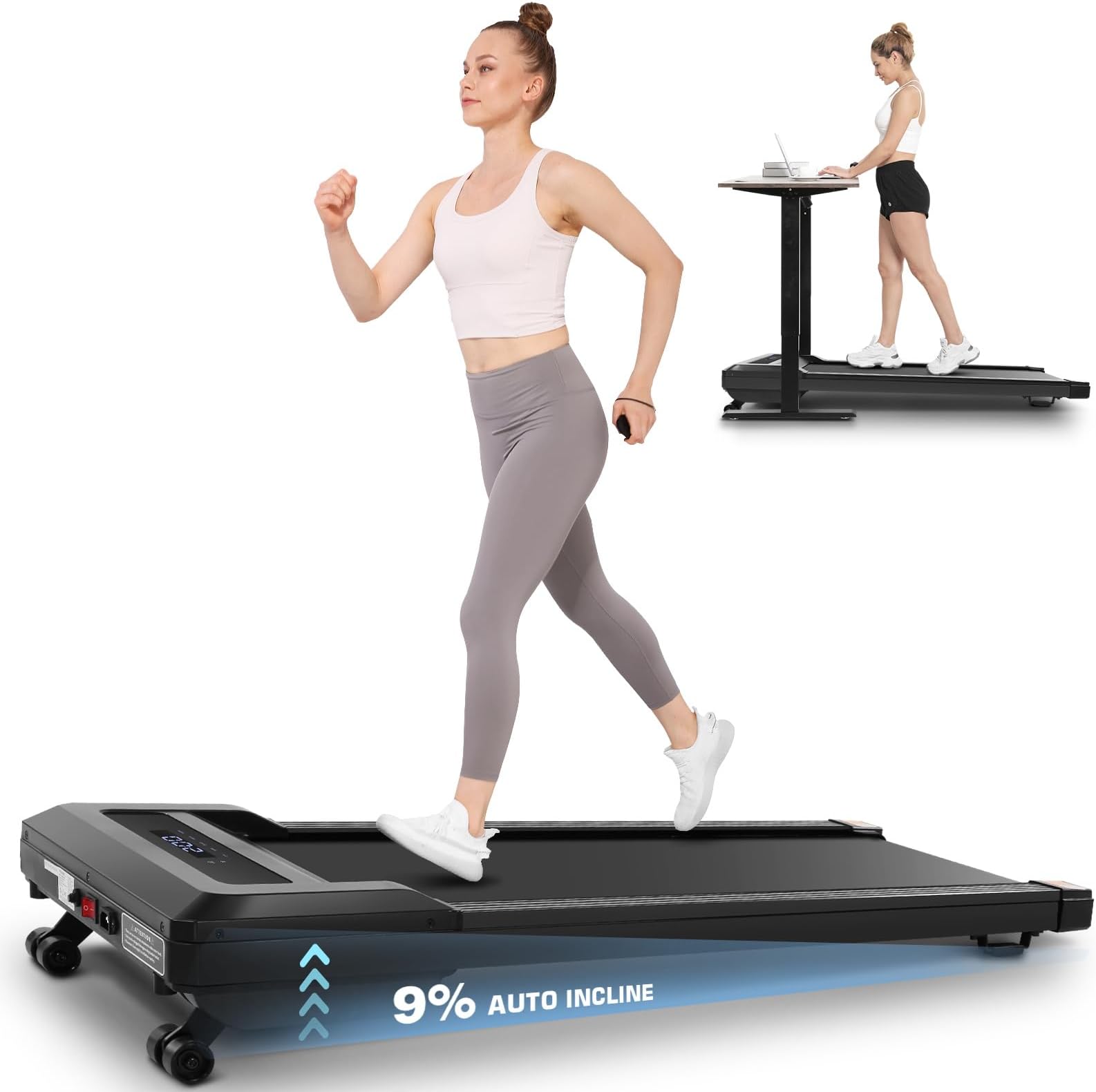 ANCHEER Walking Pad Treadmill with Auto Incline, 9% Incline 2.5HP Under Desk Tredamill with Remote Control for Home Office, LCD Display/300LBS Weight Capacity/8 Adjustable Slopes(All Black)
