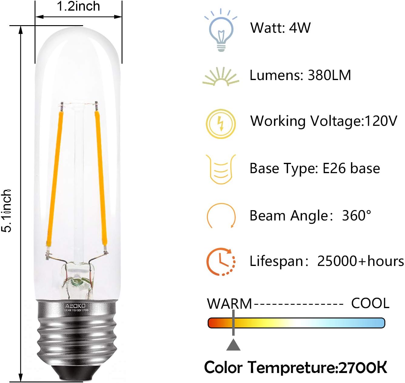 T10 Edison LED Tube Bulbs - Warm White, 2700K, Dimmable - Vintage Style, 4W Equivalent to 40W Incandescent, E26 Base, 3 Pack for Pendant Lights & Desk Lamps