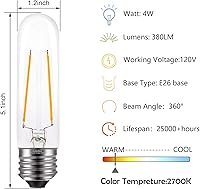 Vista 2 de T10 Edison LED Tube Bulbs - Warm White, 2700K, Dimmable - Vintage Style, 4W Equivalent to 40W Incandescent, E26 Base, 3 Pack for Pendant Lights &