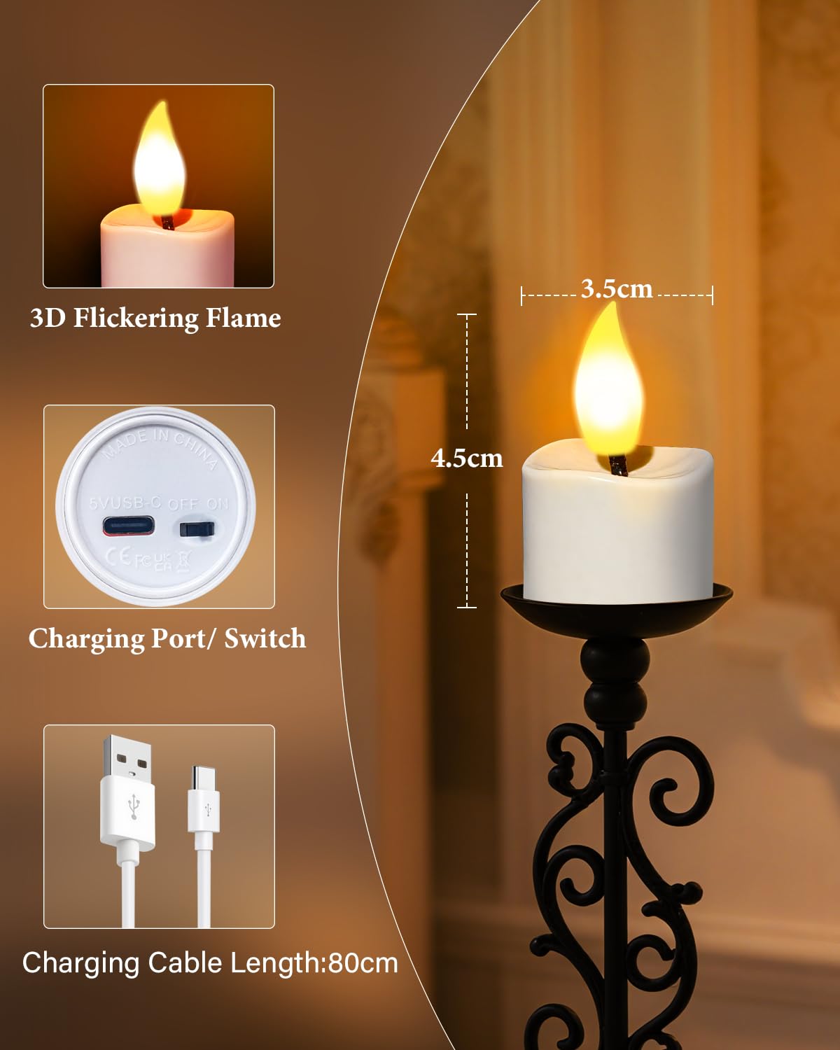Bowfar 16 sztuk świeczek typu tealight z możliwością ponownego ładowania, z pilotem i timerem, elektryczne podgrzewacze z 8-portowym kablem USB-C do dekoracji stołu na Halloween i Boże Narodzenie