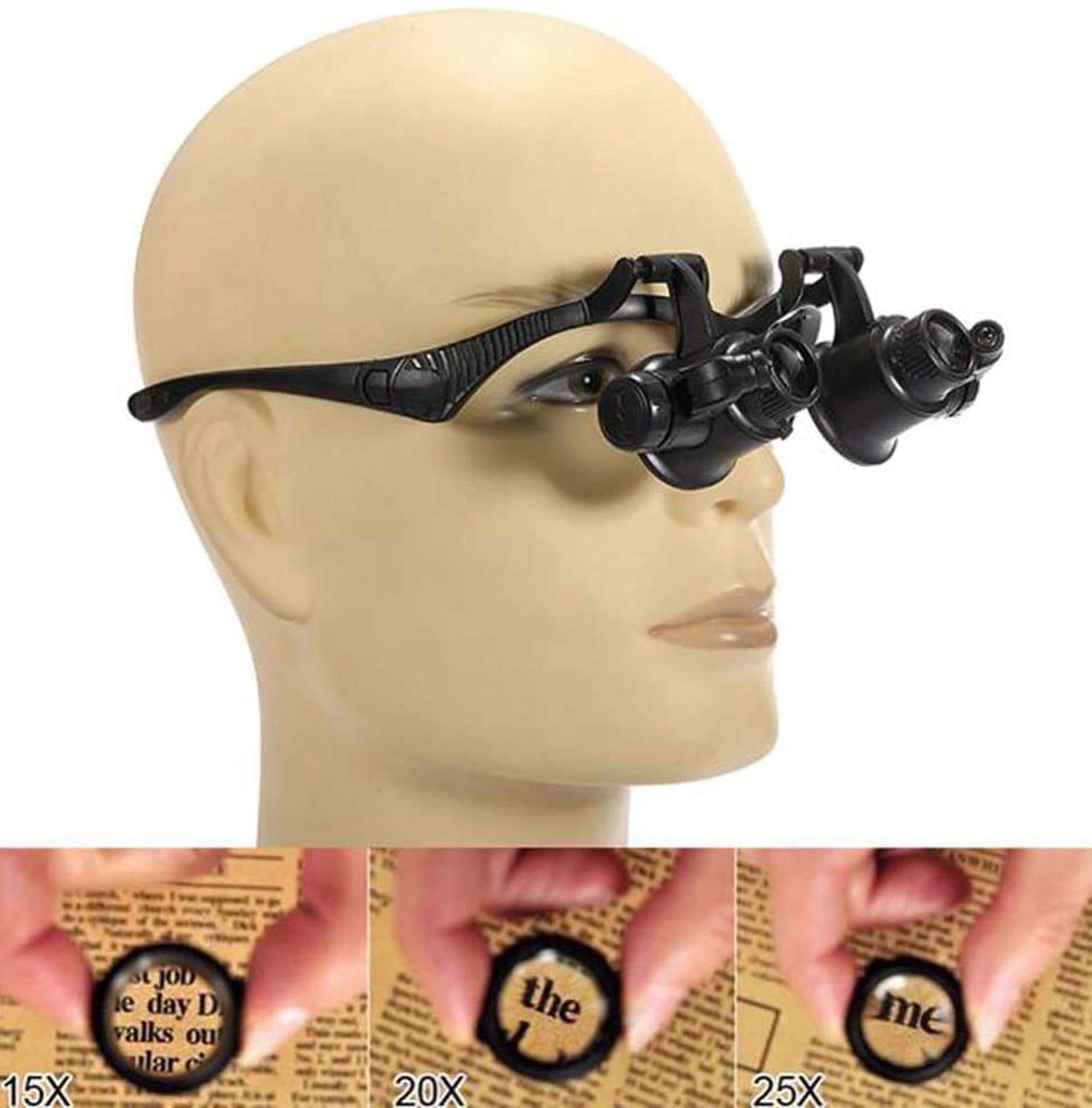 Lupa portátil 10X 15X 20X 25X Gafas de Doble Ojo Cabeza de Lupa con Lupa Auriculares Lupa iluminada Juego de Herramientas con luz LED para reparación de Relojes A/A (A)