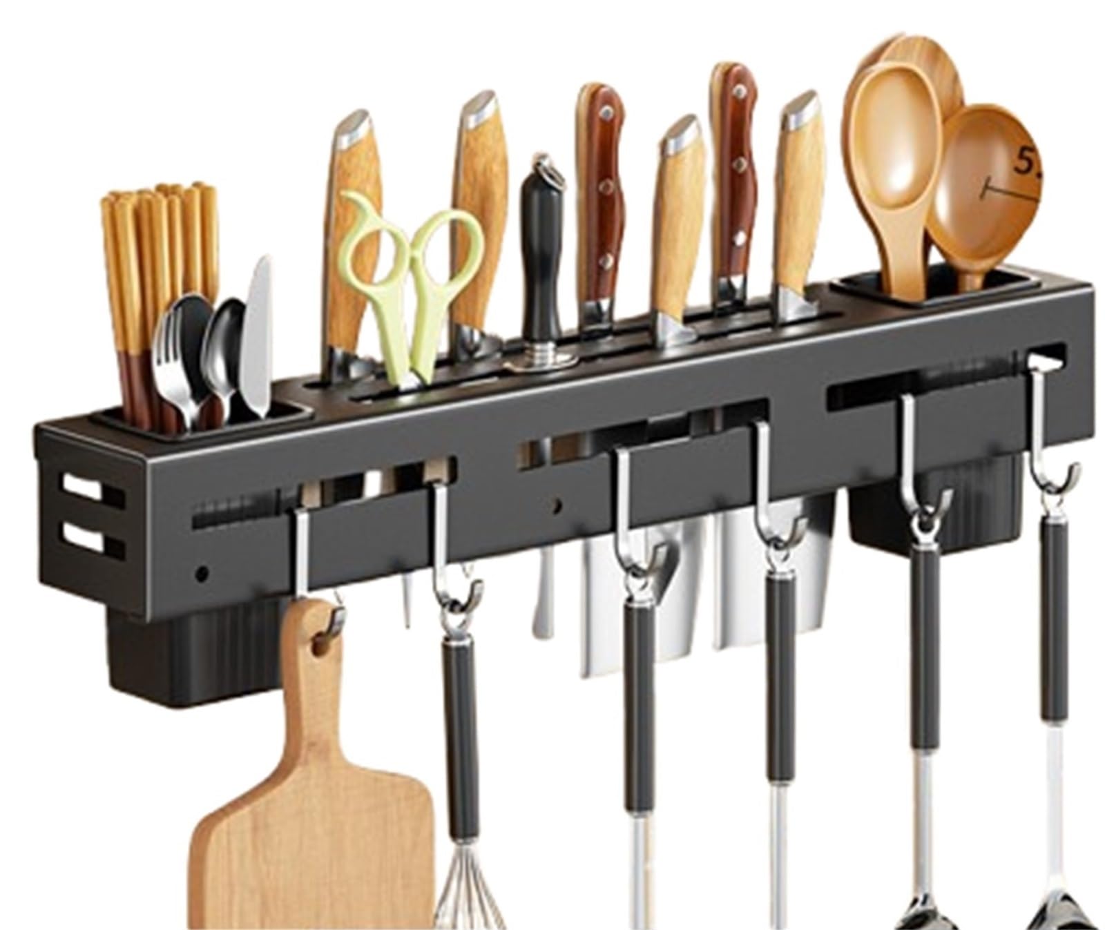 FSLXZPKJ Carbon Steel Wall Mounted Knife Rack with Hooks & Shelf | Easy Installation, Space-Saving Kitchen Organizer Light Luxury Appeal