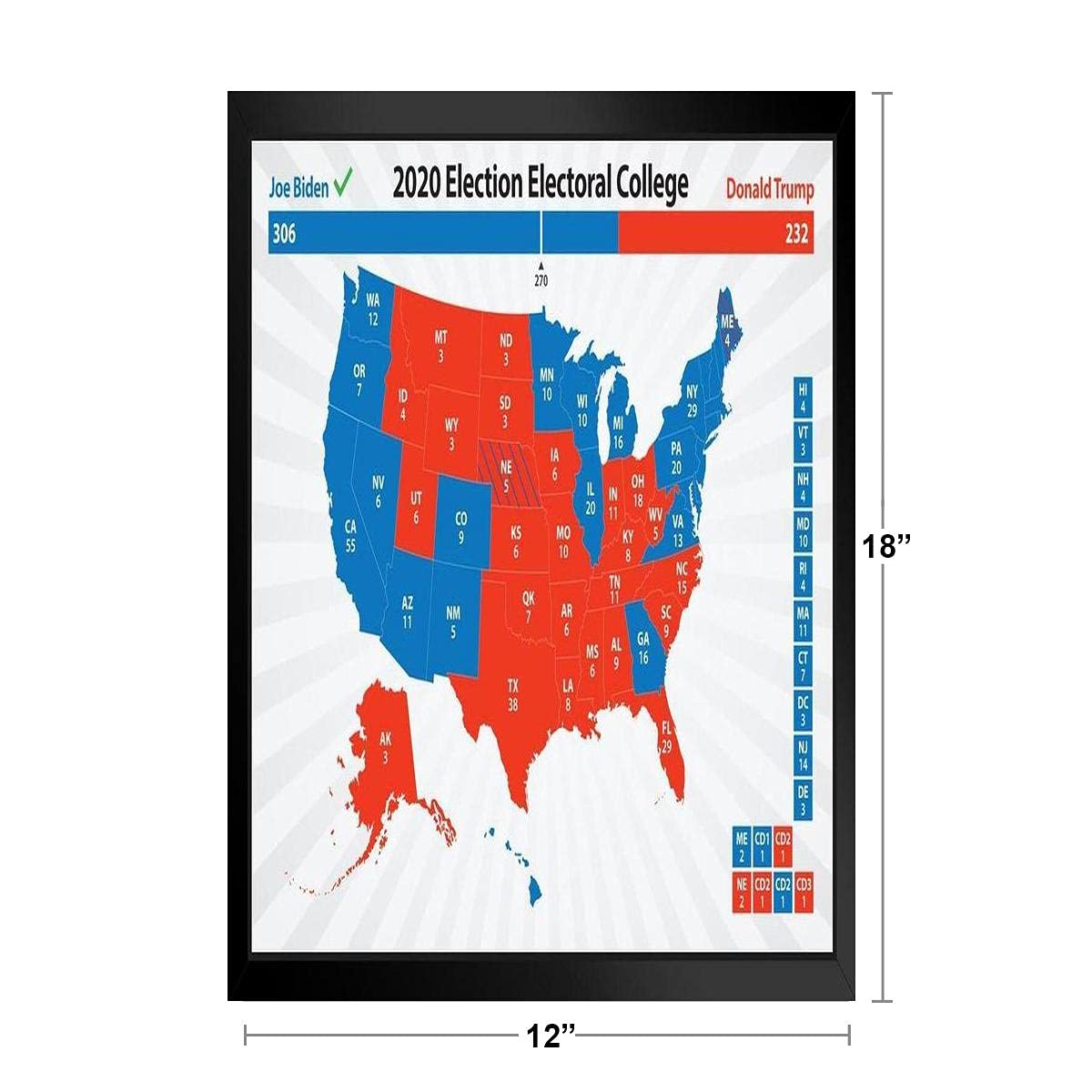 Amazon.com: Joe Biden 2020 年選舉學院地圖總統選舉結果Road to 270 投票 藍色紅色國家再見唐卡馬拉哈里斯黑木裱框牆面藝術