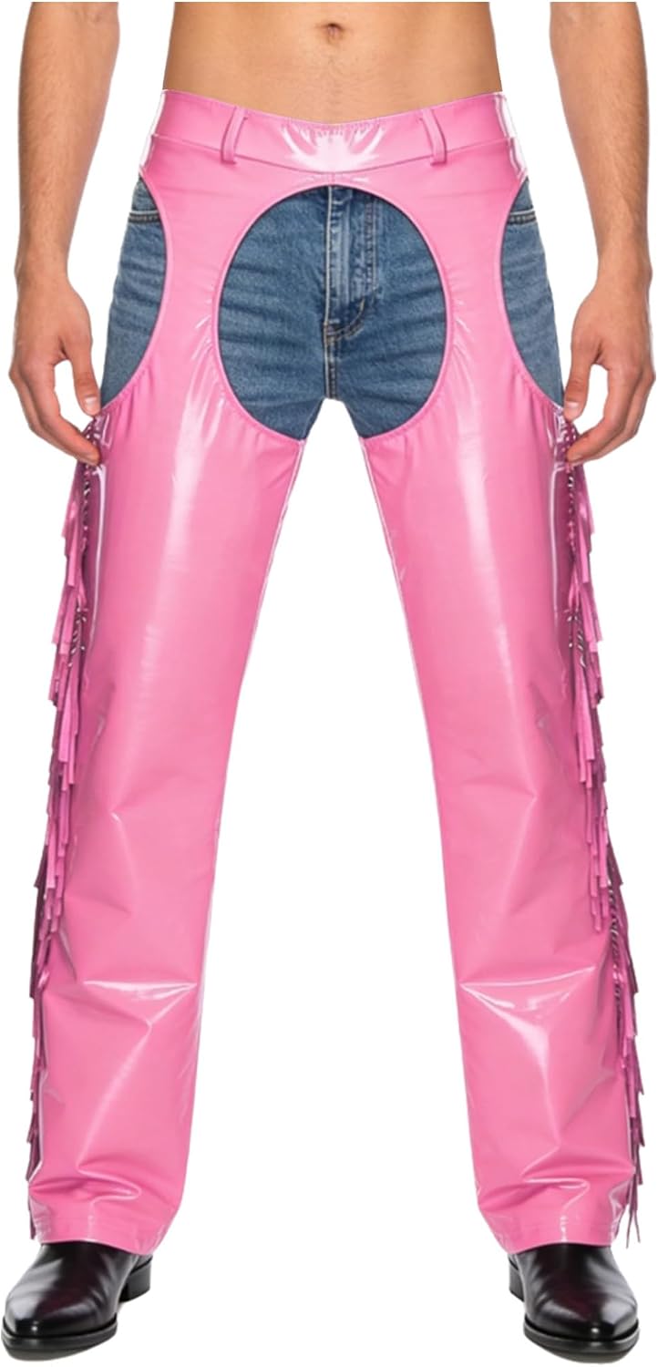YiZYiF Men's Glossy Wide Leg Chaps Hollow-Out Crotch Thighs Shiny Tassel Side Seams Clubwear