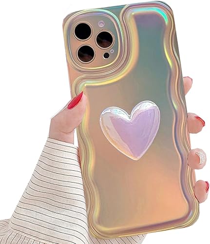 Changjia Funda para iPhone 14 Pro Max para mujer, bonita funda holográfica 3D con diseño de corazón y corazón, brillante, marco de onda de luz a