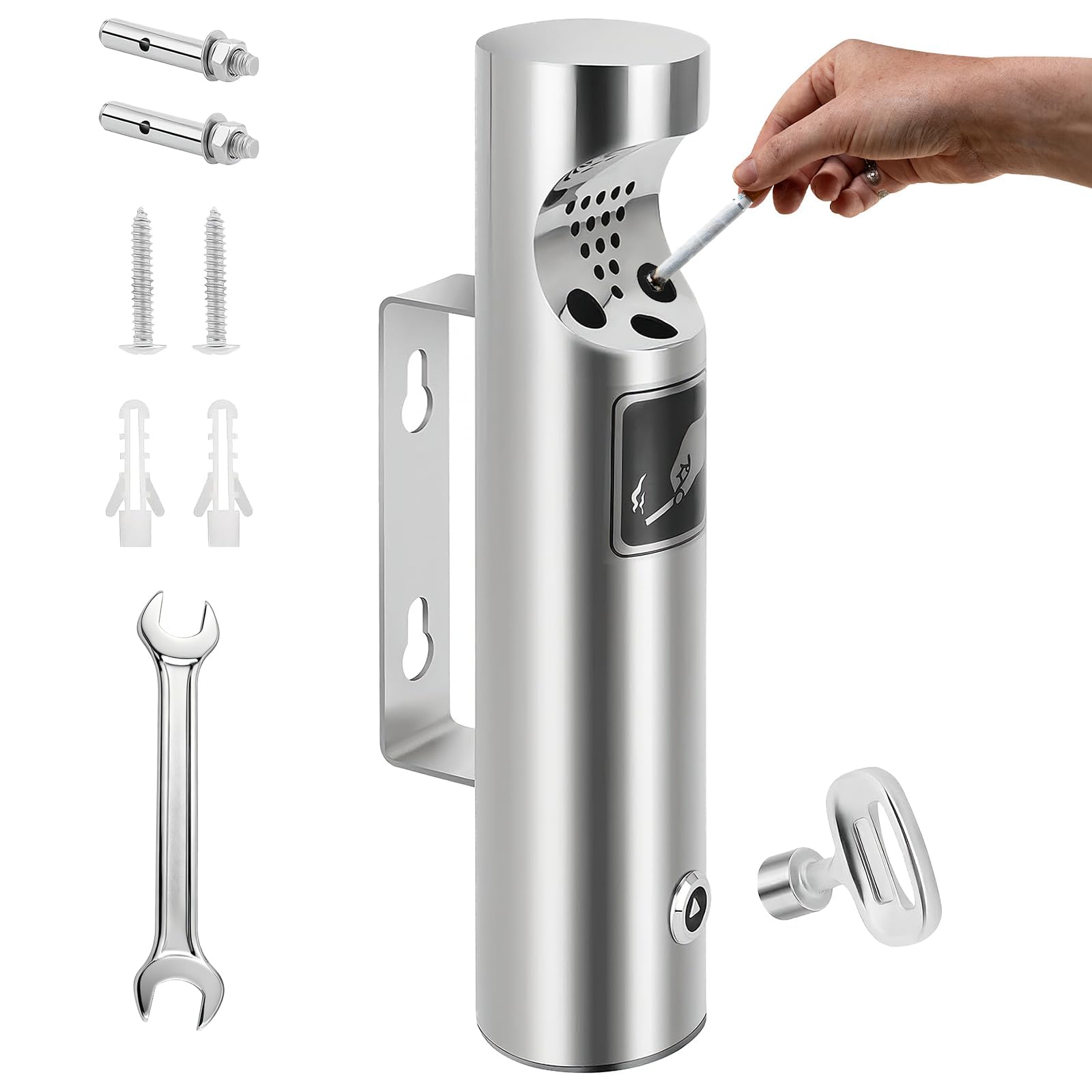 Stainless Steel Wall-Mounted Bin, Vertical Tubular Public Kitchen Waste Bin with Lock – Ideal for Gardens, Hotel Terraces, Offices, Includes Screws for Installation