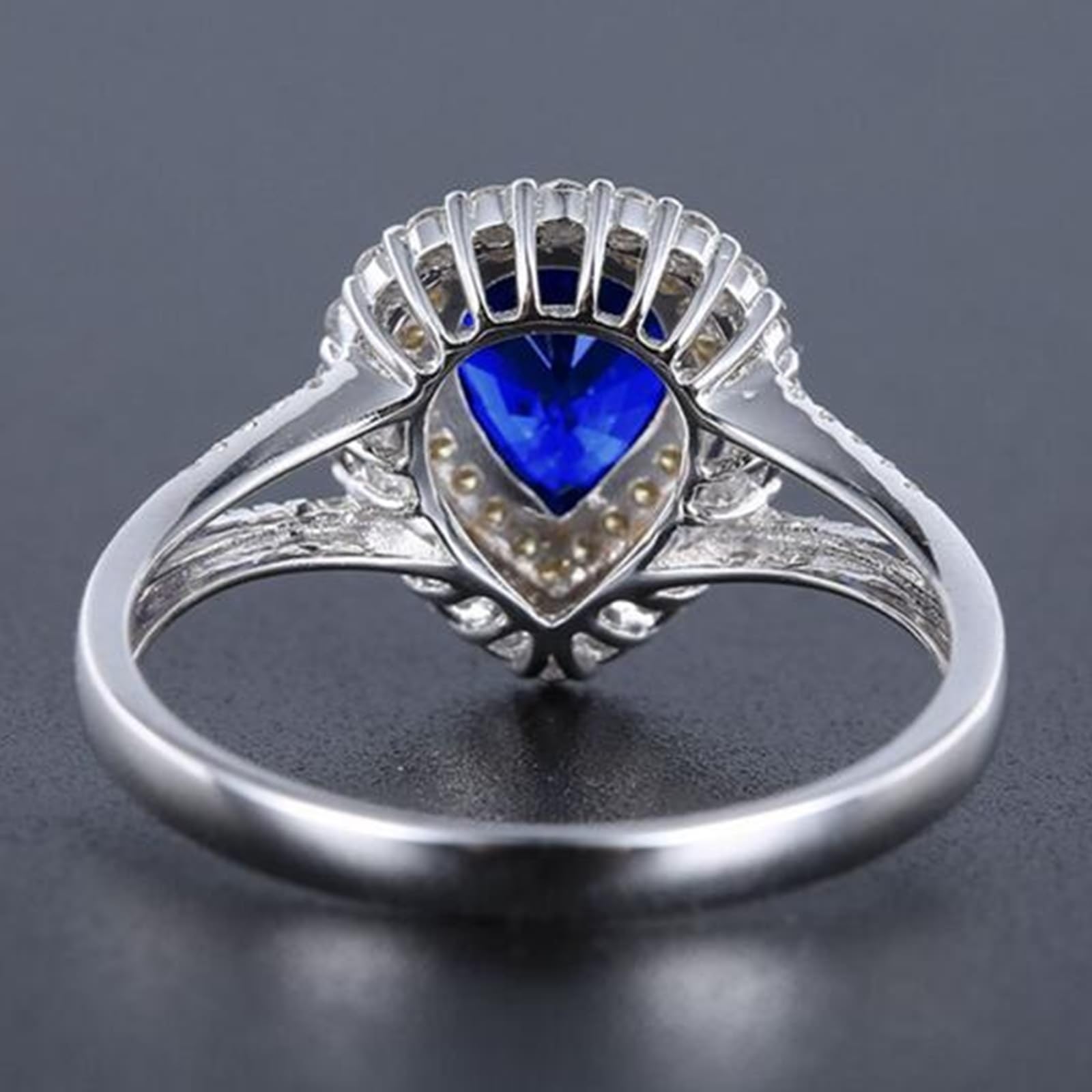 Fedi nuziali in oro bianco 18 carati blu zaffiro pera, anello da donna con zaffiro da 1,0 carati e diamante anello da donna