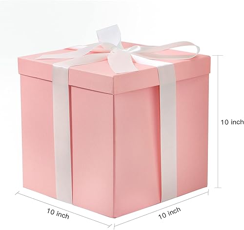 Miniatura 5 de RUSPEPA Caja de regalo de cumpleaños mediana con tapas, cinta y papel de seda, caja de regalo plegable, 1 unidad, 10 x 10 x 10 pulgadas, rosa