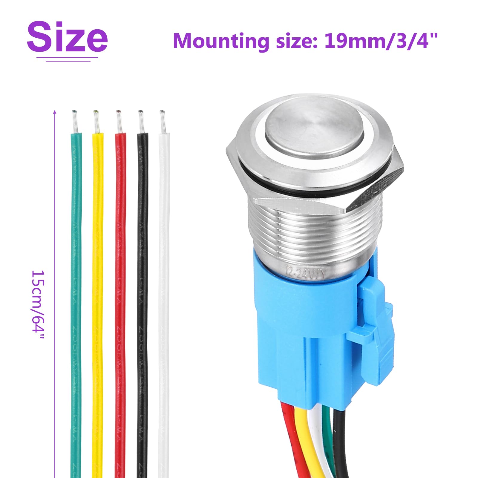 DMiotech 1 Pcs 3/4" Stainless steel Momentary Push Button Switch 5Pin 1NO1NC 5A 12-24V Silver High Top Button White Ring Lamp with Socket Plug with Wire for Car Boat Systems - Image 4