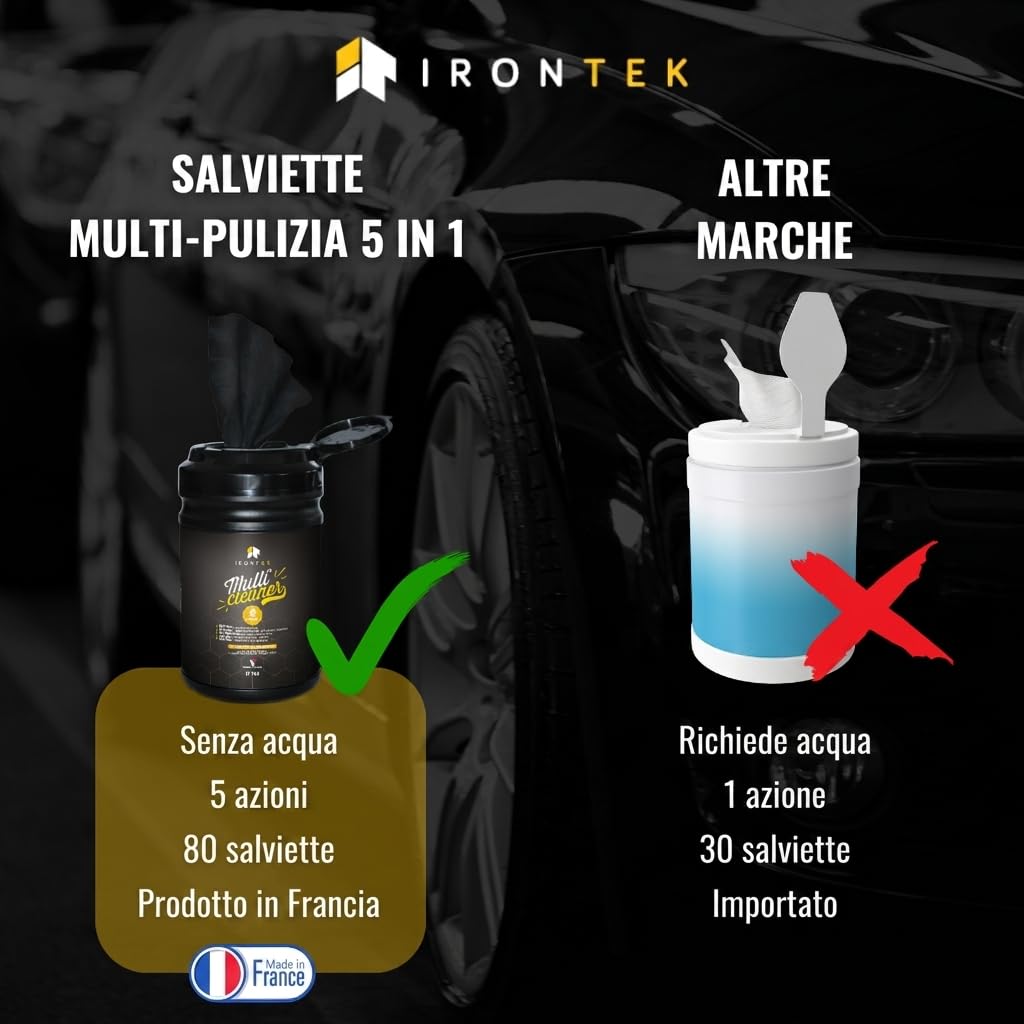 Salviette Detergenti Auto Moto Senza Acqua 80 pz - IRONTEK - IT146 | Formula 5 Azioni | Carrozzeria Cerchi Vetri Plastica Pelle | Interno ed Esterno
