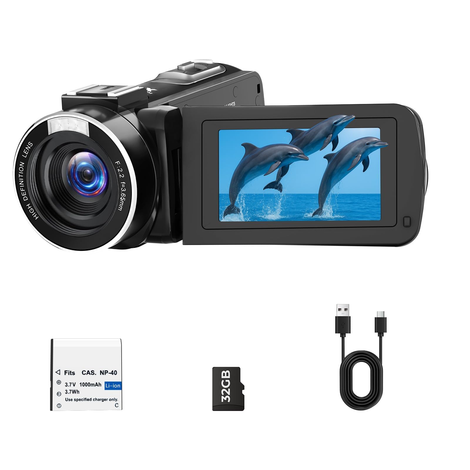Camcorder Video Camera, Digital Camera 1080P 18X Digital Zoom Cam Corder with Fill Light, 3" 270° Rotatable Screen Webcam Anti-Shake 48MP Vlogging Camera for YouTube with 32GB Card & Battery