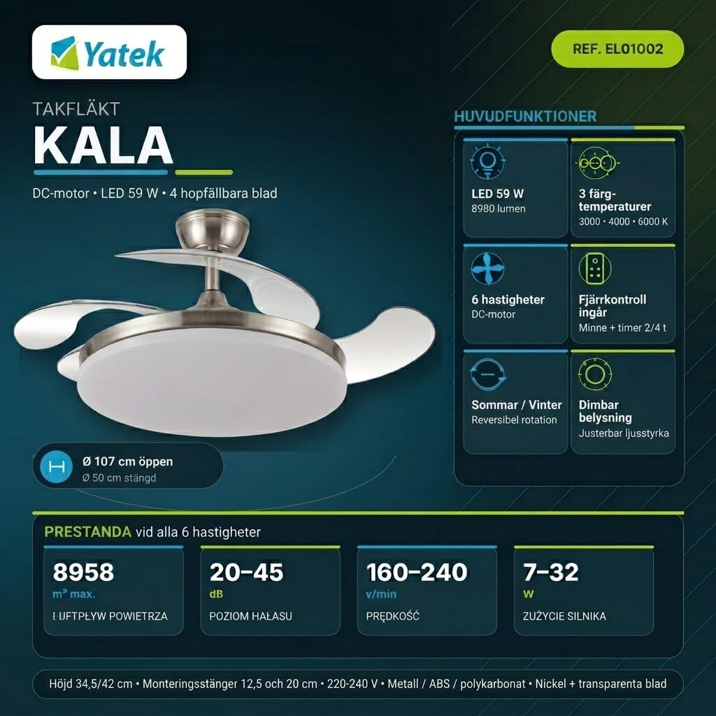 Yatek KALA Wentylator Sufitowy LED Nikiel, chowane przezroczyste łopatki, cichy silnik DC, pilot, ściemniane światło 59 W, 6980 lm, 6 prędkości, funkcja lato/zima, Ø 107 cm