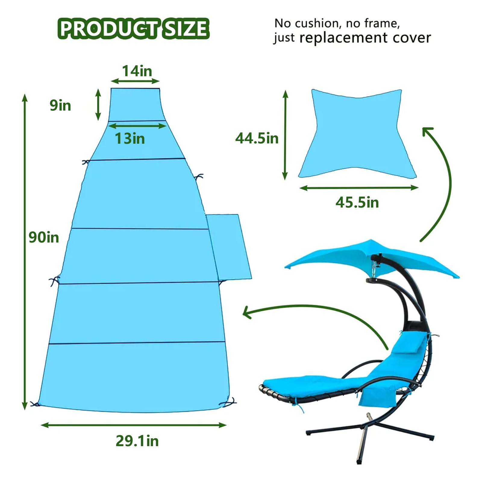 Housse de coussin de rechange pour fauteuil suspendu avec fermeture éclair et tissu parapluie Bleu Ciel 74x229 cm