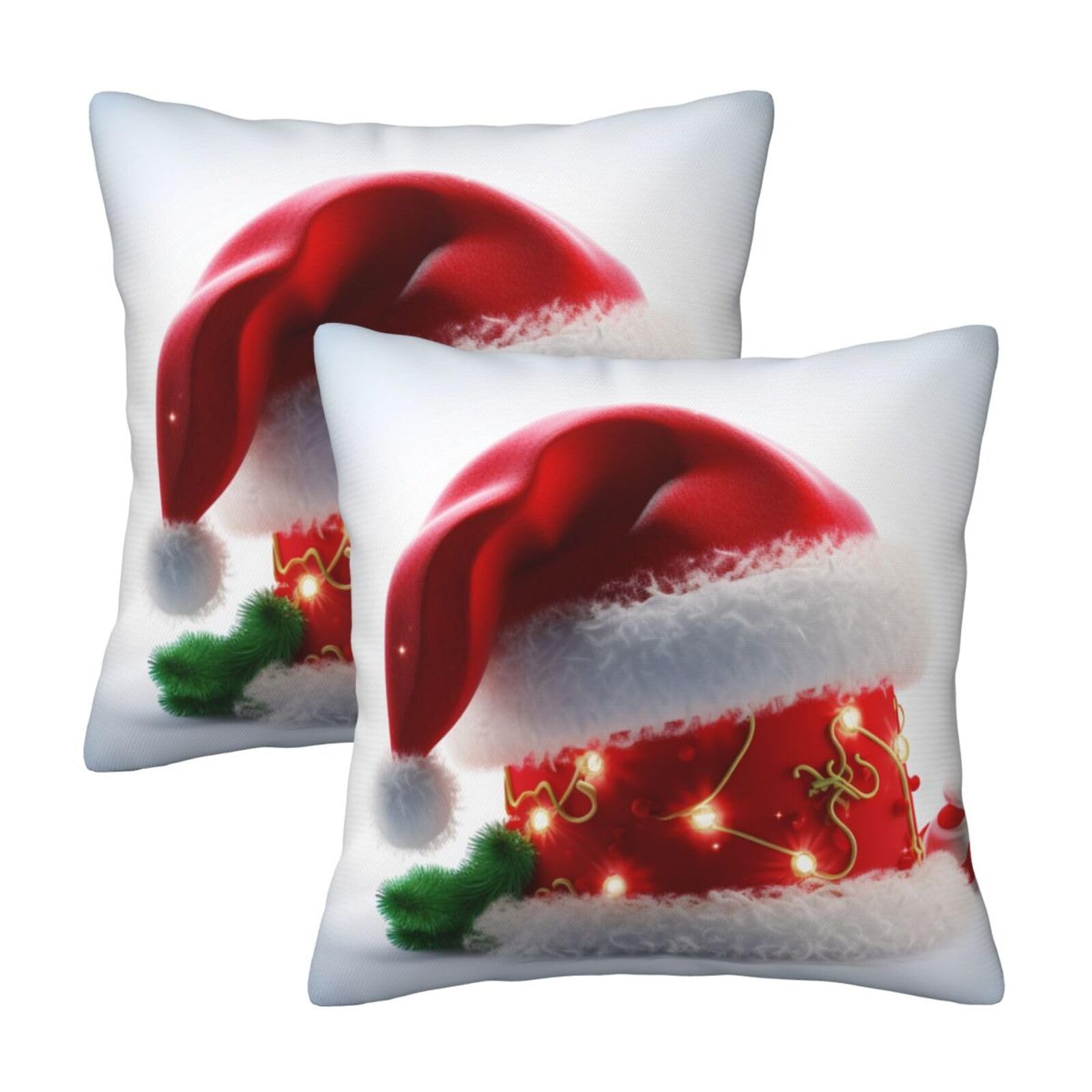 Merry Christmas Santa Hat Throw Pillow Cases 2 Pack Square Pillowcases Soft Pillow Protectors for Couch Livingroom Sofa Bed Office Car,45x45 CM