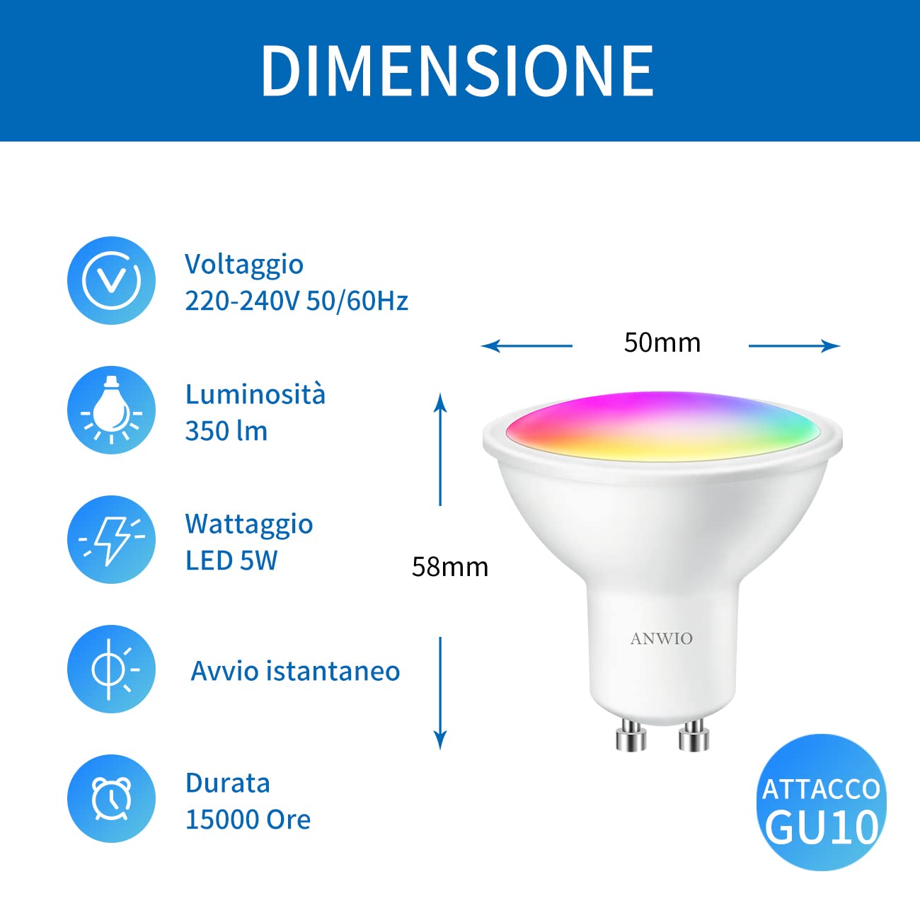 ANWIO Lampadina Alexa, Lampadina Smartx, 5W Equivalenti a 35W, 350LM,Lampada Smart Wifi GU10 con Telecomando Compatibile con Alexa, Echo and Google Assistant, RGB Intelligente Dimmerabile,4 Pcs