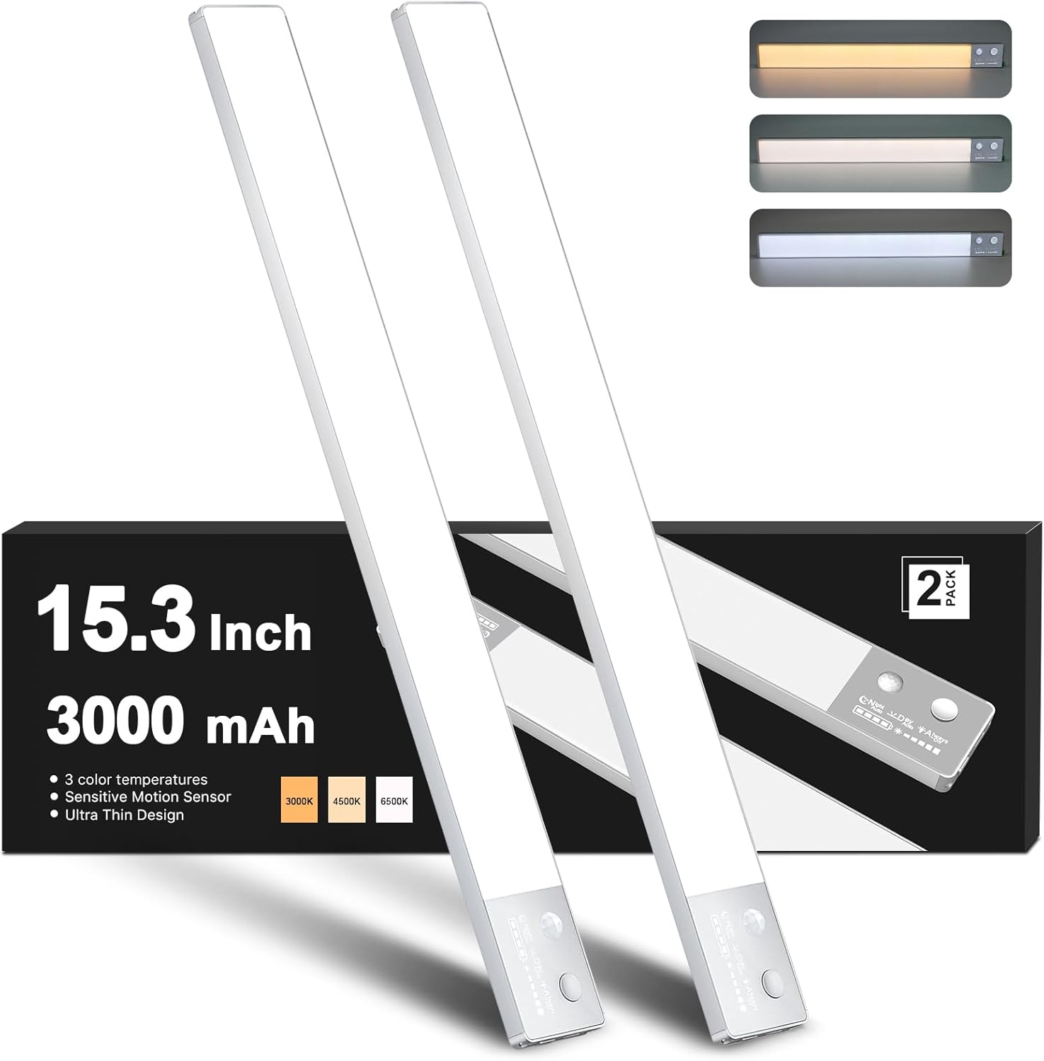 Under Cabinet Lights, 96 LED Motion Sensor Lights Indoor 3 Color Temps Dimmable, 3000mAh Rechargeable Closet Lights Wireless, Magnetic Night Lights for Wardrobe, Kitchen, Hallway,2 Pack