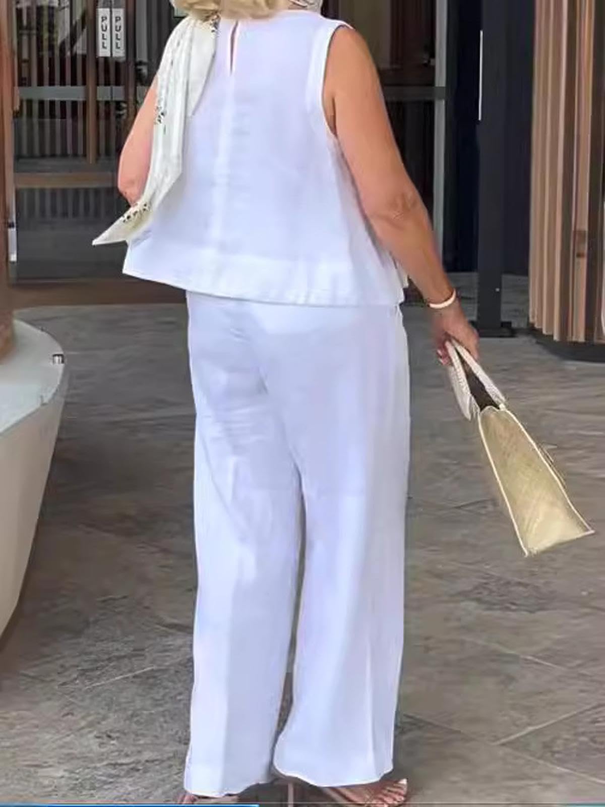Tops Sin Mangas De Lino De Algodón De Color Sólido Simple De Moda para Mujer y Pantalones De Pierna Ancha para Mujer Trendy Simple Conjunto De 2 Piezas