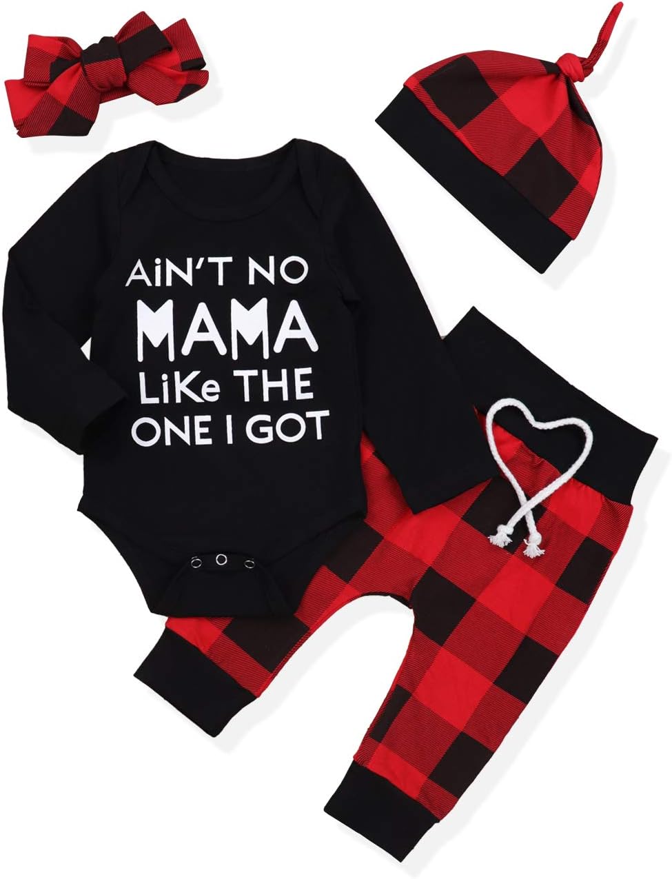 Newborn Infant Baby Boy Girl Clothes Long Sleeve Romper Top,Plaid Pants+ Cute Hat 4Pcs Clothes Outfits Set