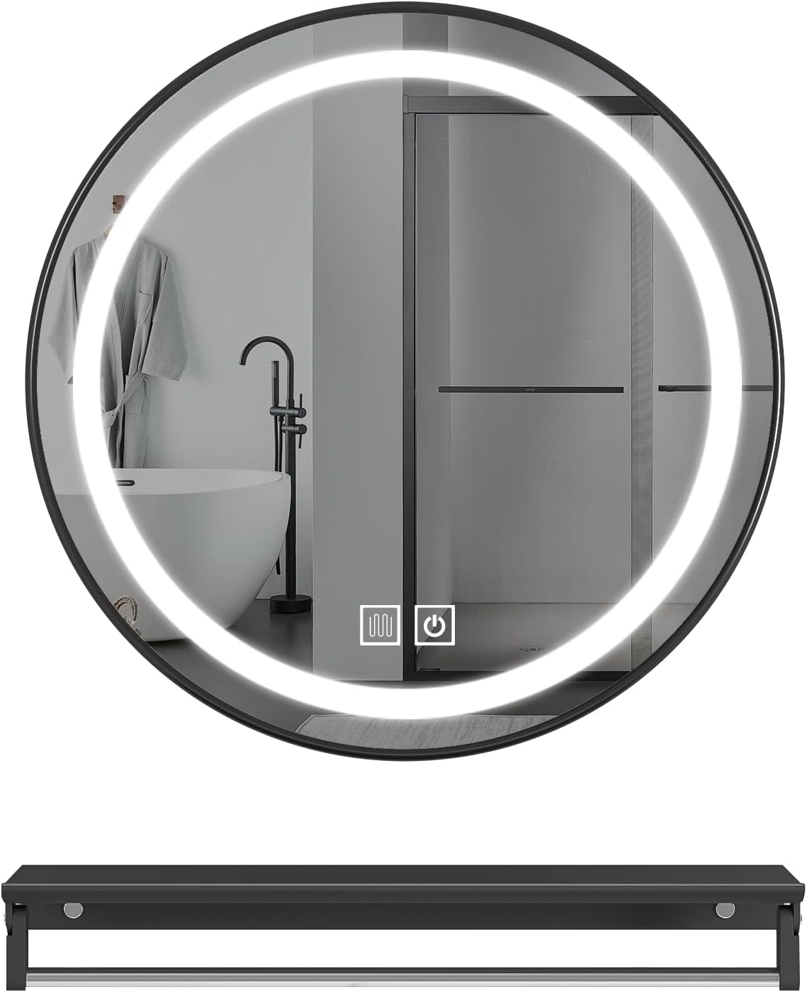 Albriya Black Frame Round LED Bathroom Mirror with Floating