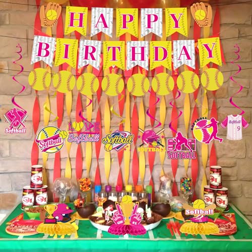 Image of Softball Birthday Party Decorations - Themed Happy Banner, Hanging Swirls, Honeycomb Centerpieces, Table Decor, Sports Party Supplies