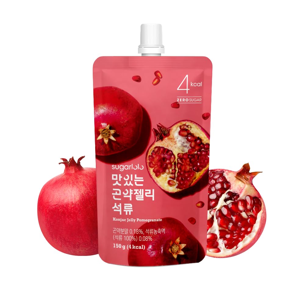 Sugarlolo Konjac Sweet Pomegranate Jelly Snack - Vegan Jello with Zero Sugar | Only 4 Calories per Pouch | Low Calorie Korean Snacks | 5.29 Oz (150g) | 10 Pack