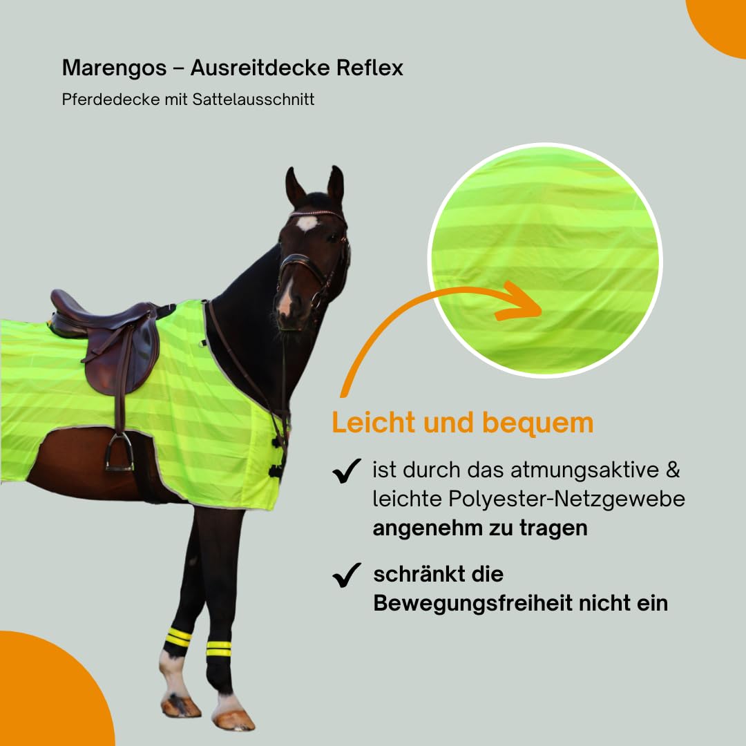 Marengos – Ausreitdecke Reflex – Pferdedecke mit Sattelausschnitt – stark reflektierend & mit Silber-Leuchtstreifen – Outdoordecke für Pferde – Pferde Zubehör in Neongelb – 125cm
