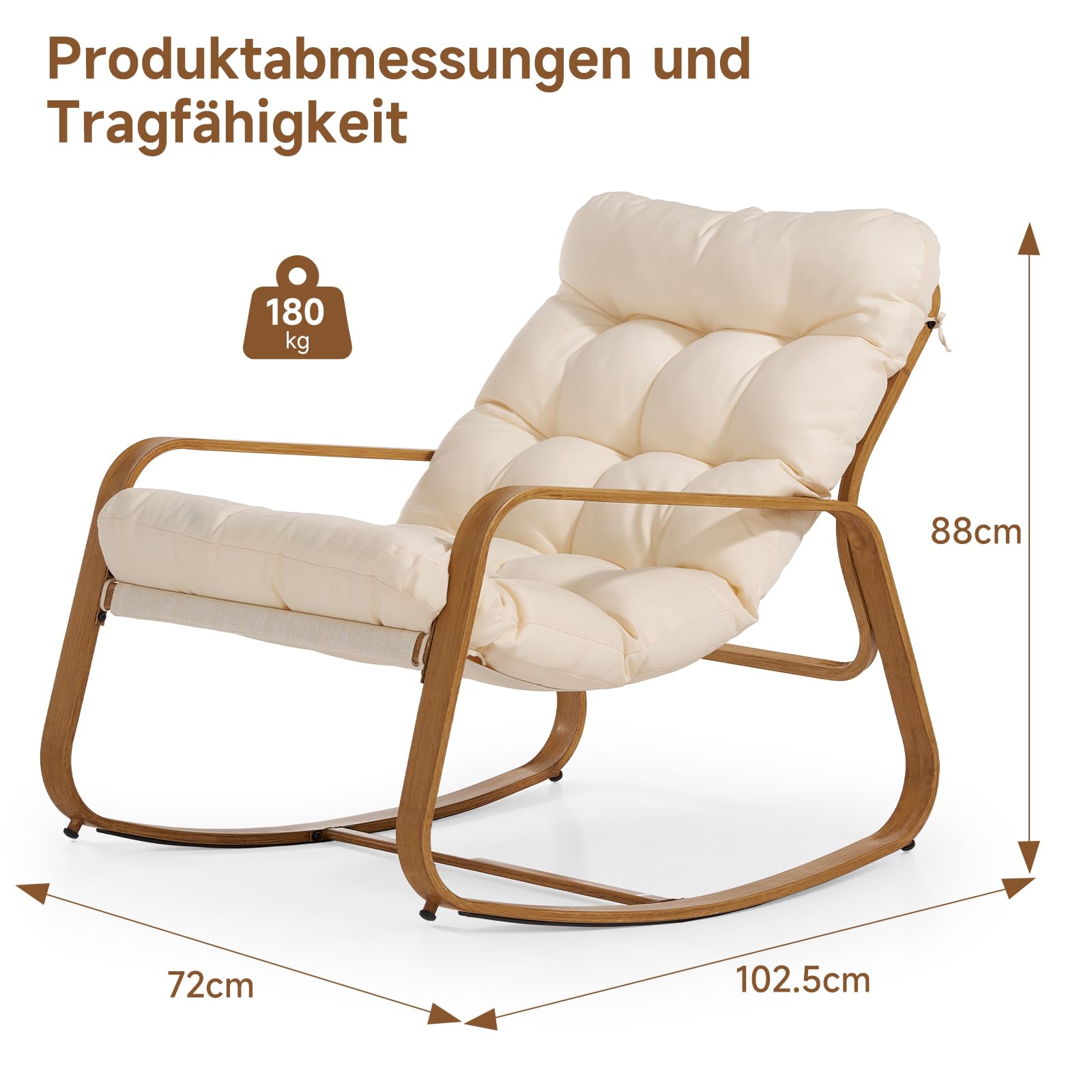 Schaukelstuhl mit dickem Kissen für drinnen und draußen | hochwertiger Papasan-Schaukelstuhl in Holzoptik aus Eisen, gemütlicher Schaukelstuhl für Garten, Balkon, Wohnzimmer und Schla