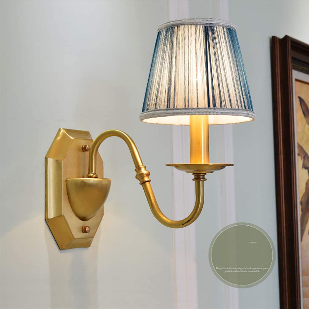 IUokLU Wall Lamp for Bedroom Antique Brass Wall Sconce Fixture, Rustic Cloth Shade Wall Light for Living Room, Bedroom,Corridor, Bedside, E14,2heads(Blue)
