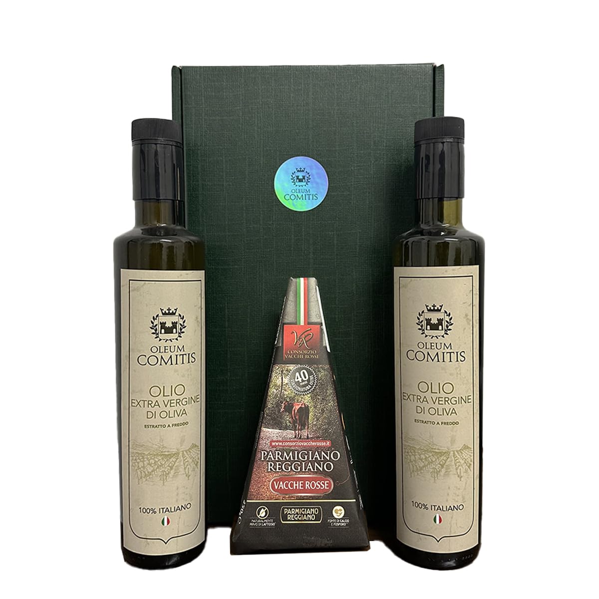 Oleum Comitis - Extra Virgin oliwkowy - 100% włoski ekstrakt na zimno - opakowanie na prezent z 2 butelki po 500 ml i parmezanem Reggiano ChNP, czerwone krowy, sezonowane 40 miesiące