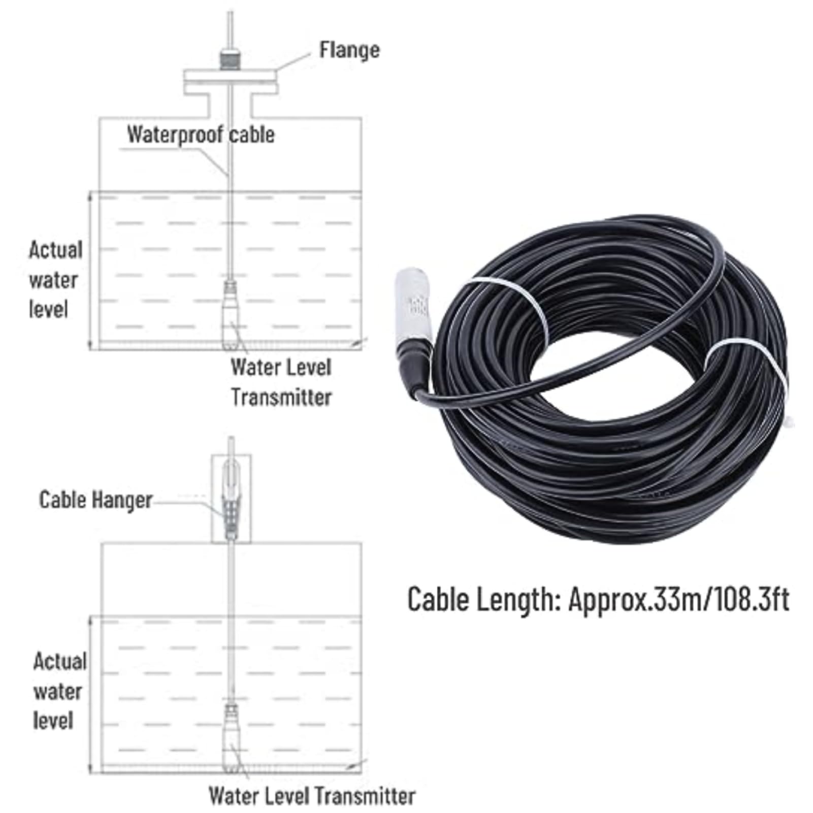 Füllstandssensor 4-20 mA Edelstahl-Wasserstandsgeber Wasserstand Sensor mit 33 M Wasserdichtem Kabel für Reservoir-Wasseranlage