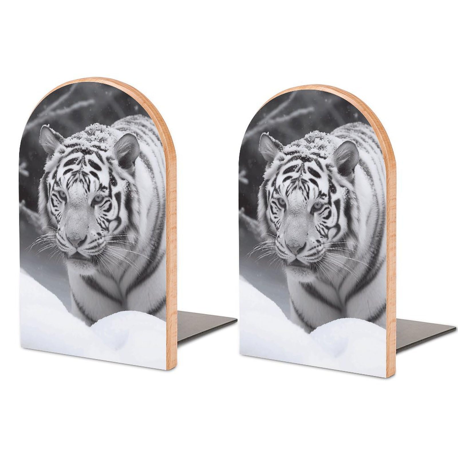 Serre-livres tigre blanc en bois pour ranger vos livres et DVD