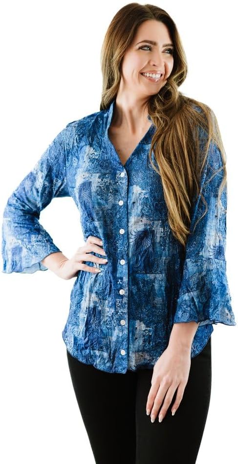 Printed Crinkle Mesh Blouse - Designer Hand-Finished Shirts for Women