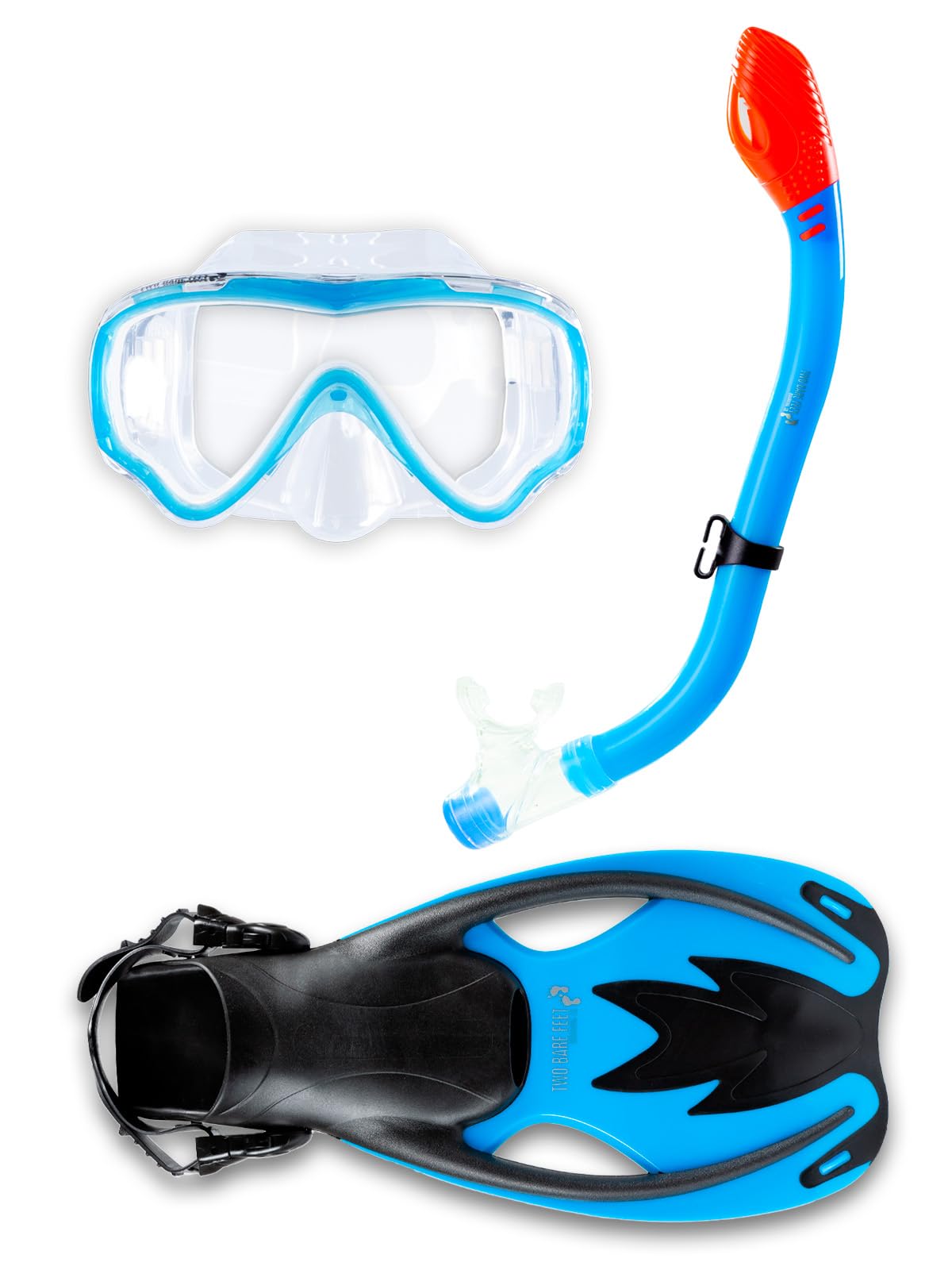 Two Bare Feet Junior SILICONE Mask, DRY TOP Snorkel & Fins 3PC Kids Diving Set (Aqua, S/M C9-C13)