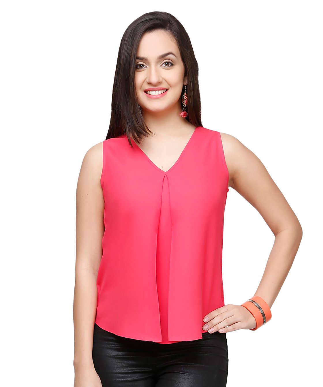 v&m Women's Plain Crepe Basic Flowy V-Neck Pleated Sleeveless Summer Basic Tank Top (VM12) (VM13) (VM39)-picture-3
