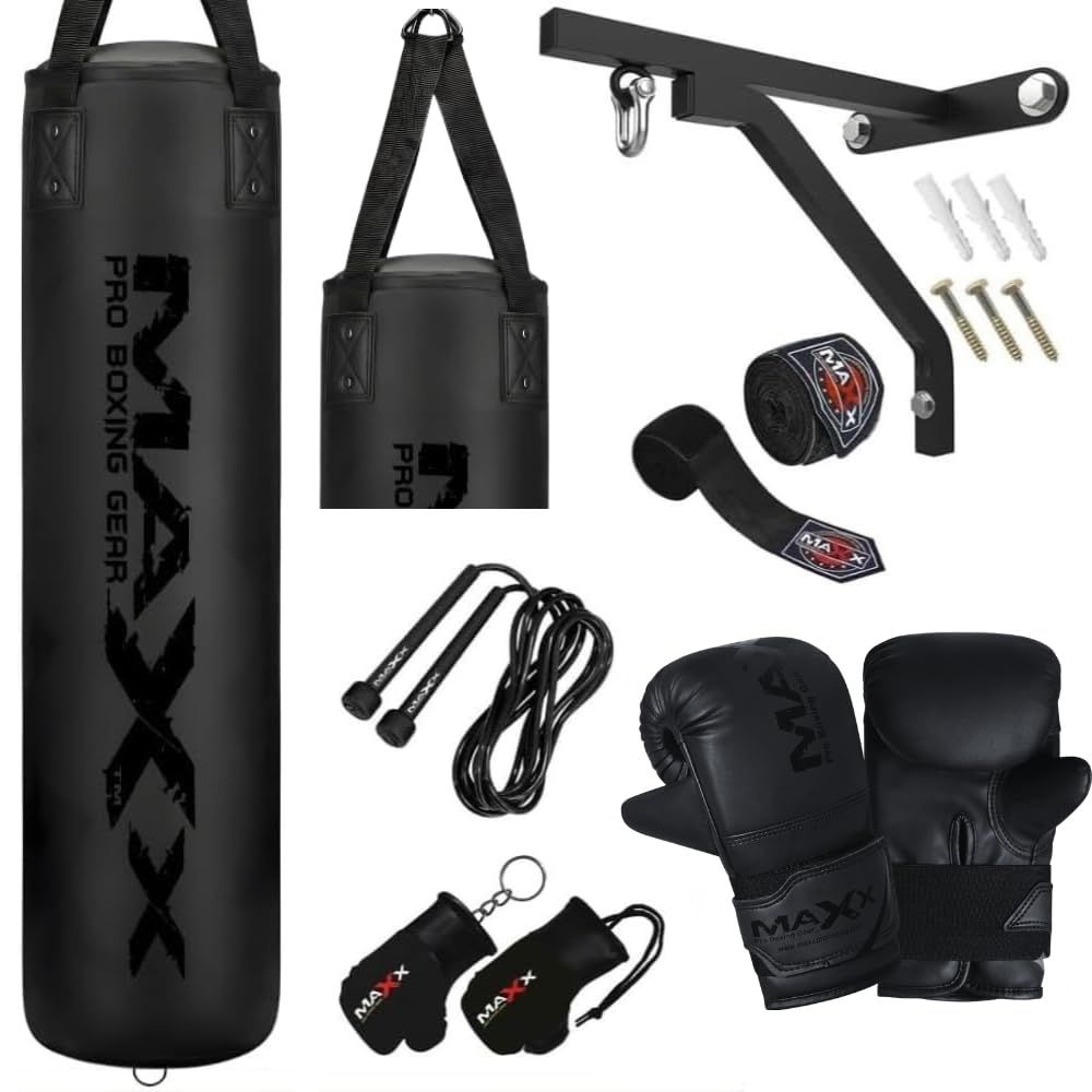 MAXX Black Boxing Punch Bag Set – 3FT, 4FT, 5FT & 6FT Heavy Filled Bag with Gloves, Bracket or Hook Included (10pc set with Bracket, 3FT)