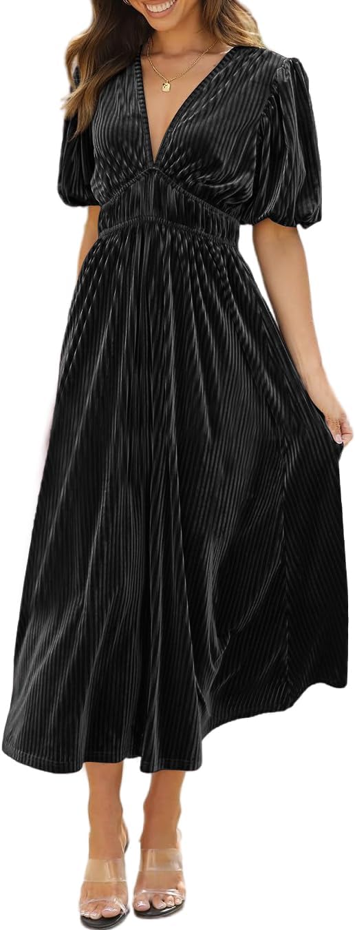 R.Vivimos Women's Fall Winter Velvet Dress Puff Sleeve Sexy Deep V Neck Elastic High Waist A-Line Elegant Casual Midi Dress - Image 5