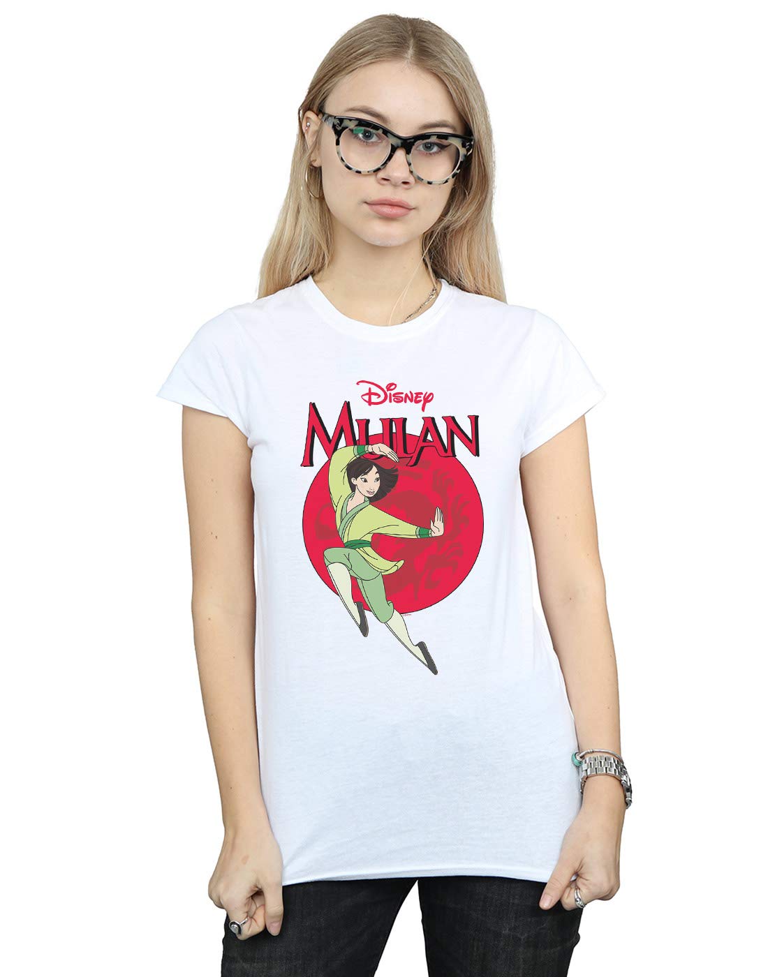 Absolute Cult Women's White Disney Mulan Dragon Circle T-Shirt Medium