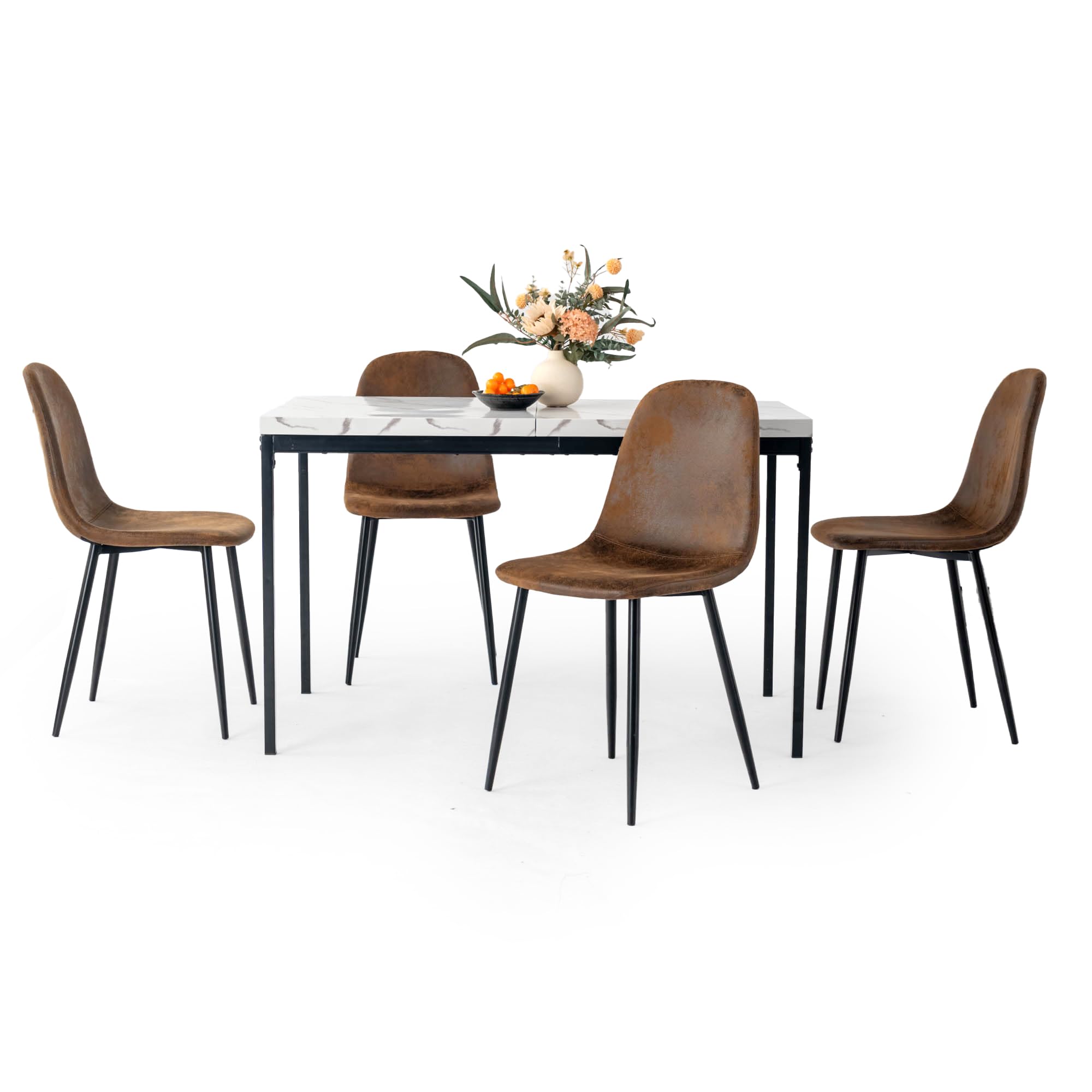 HOMYLIN Esszimmerstühle und Tisch, 5-teiliges Set, 120 cm, rechteckig, Marmor-Weiß-Effekt, Tischplatte Esstisch mit 4 Wildlederbraunen Küchenstühlen