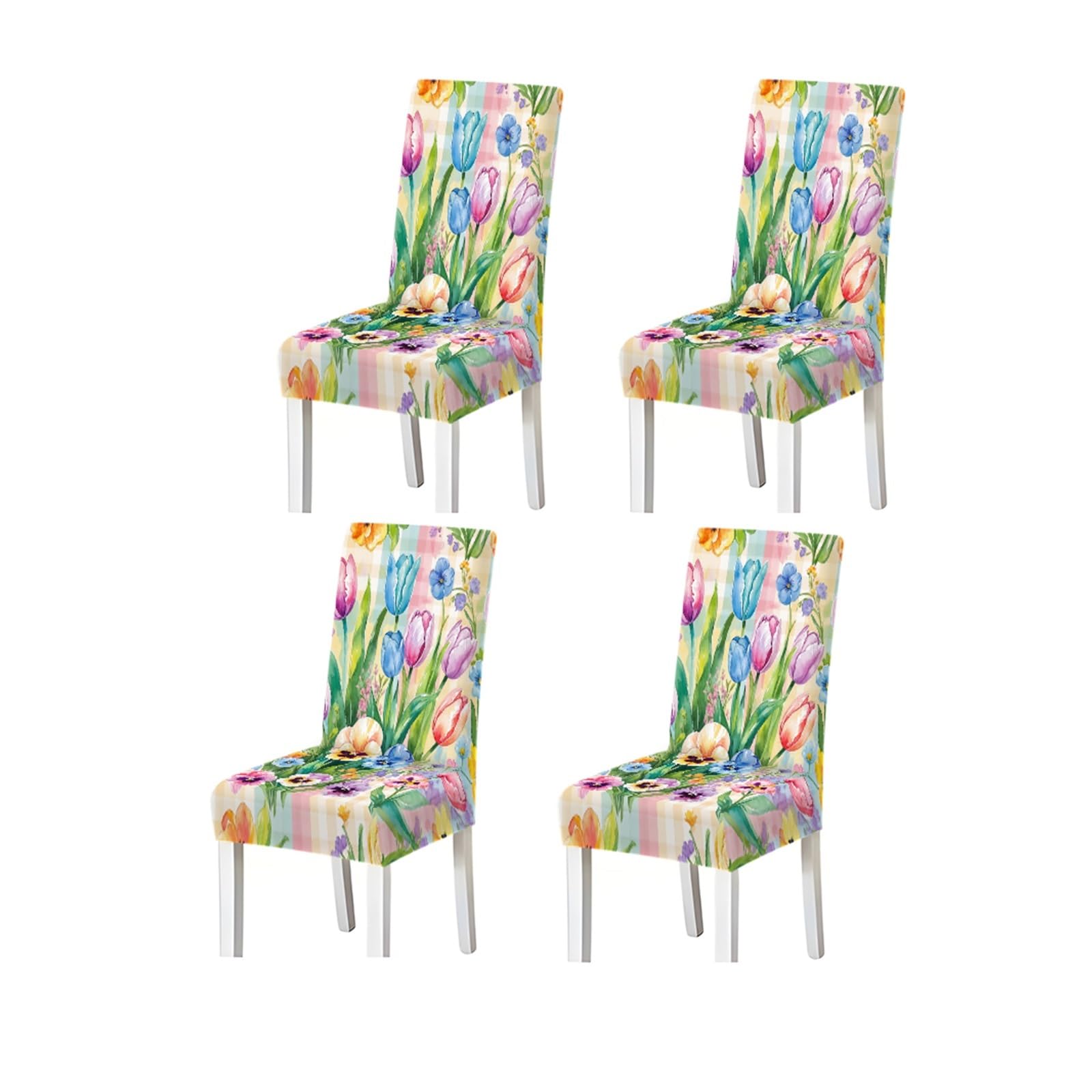 KXUAUV Watercolor Tulip Floral Plaid Pattern Print Dining Chair Covers Set Of 2/4/6, Stretch Slipcovers For Kitchen Dining Room Seat Protectors for Restaurant Hotel Party(4PCSChair cover)