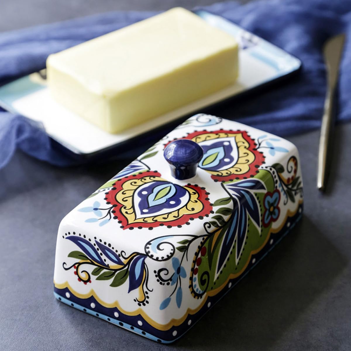SOLUSTRE Butterglocke Keramik mit Deckel 250g Spülmaschinenfest Vintage Design zur Aufbewahrung von Käse und Früchten im Kühlschrank