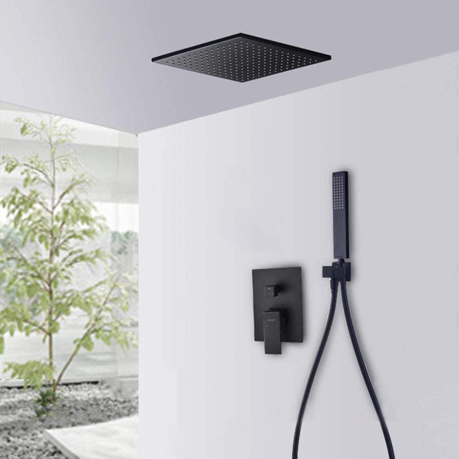 Pommeau de douche encastré noir carré effet pluie avec mitigeur de douche encastré