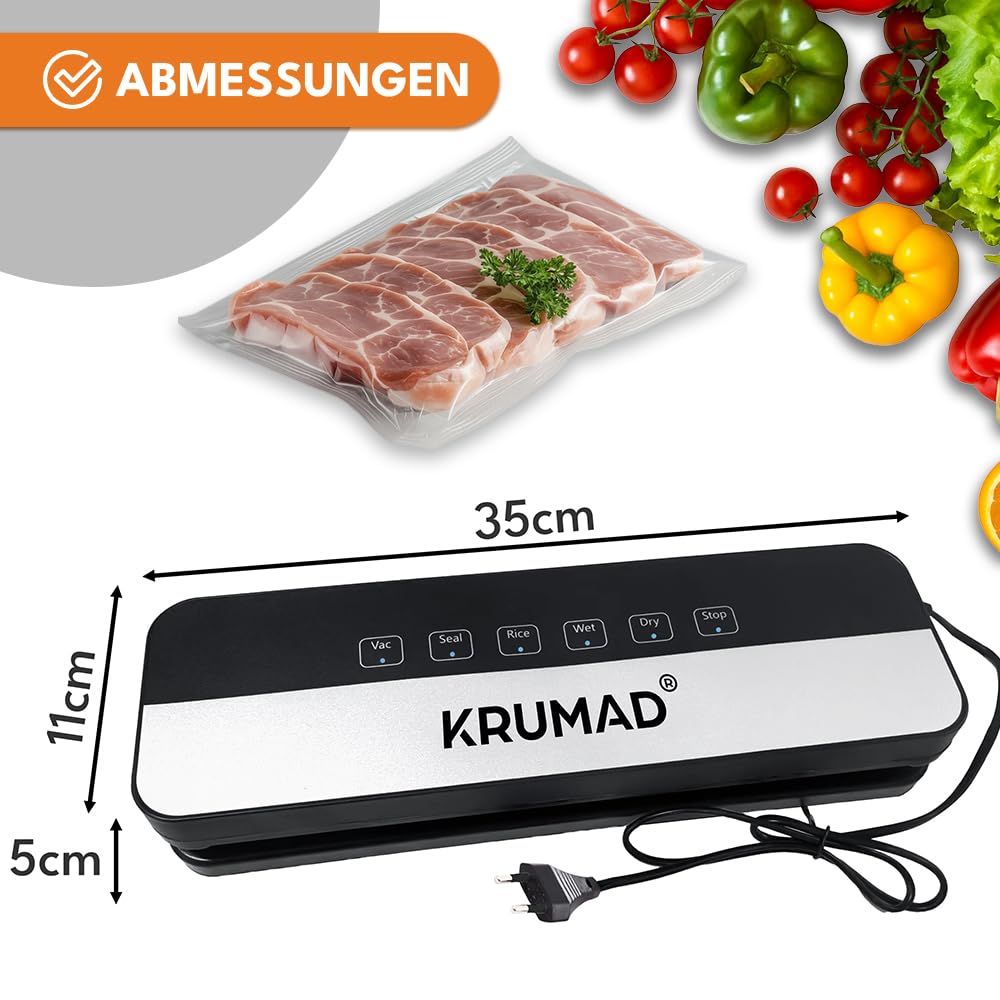 KRUMAD Vakuumiergerät 65kPa/130W Inkl. 10 Vakuumierer Beutel 25x20cm, 5 Modi, mit 30cm Schweißnaht, Vakuumierer für Lebensmittel, Folienschweißgerät, Für Trockene & Feuchte Lebensmittel