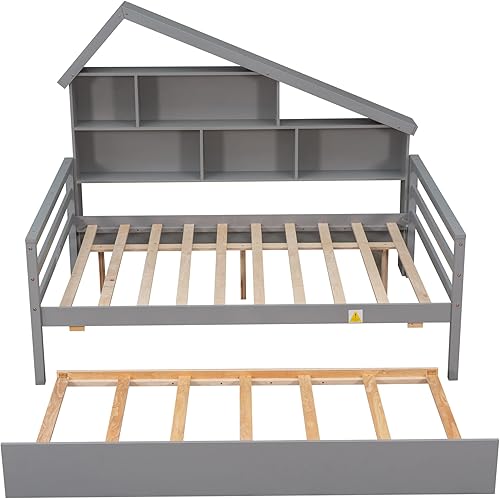 Miniatura 6 de Anwickmak Cama de plataforma de tamaño matrimonial con cabecera de estantería marco de cama matrimonial con nido y estantes de almacenamiento cama