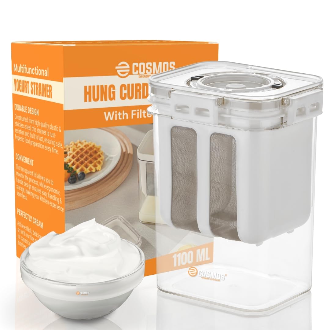 E-COSMOS Plastic Multipurpose Greek Yogurt & Curd Maker Hung Curd - 1100ml | Durable, BPA-Free | Easy Homemade Yogurt & Cheese, 10L x 8W x 16H cm, Multi-Coloured (Greek Yogurt Maker (EC-02))