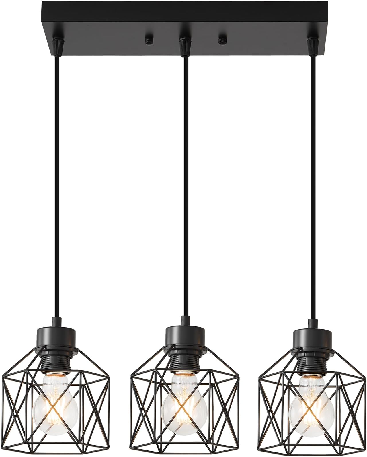 3-Light Hanging Pendant Light Fixtures, Farmhouse Kitchen Island Light Fixture, Industrial Hanging Pendant Lighting for Dining Room Bedroom Hallway, Black Metal Cage Pendant Lamp, E26 Base