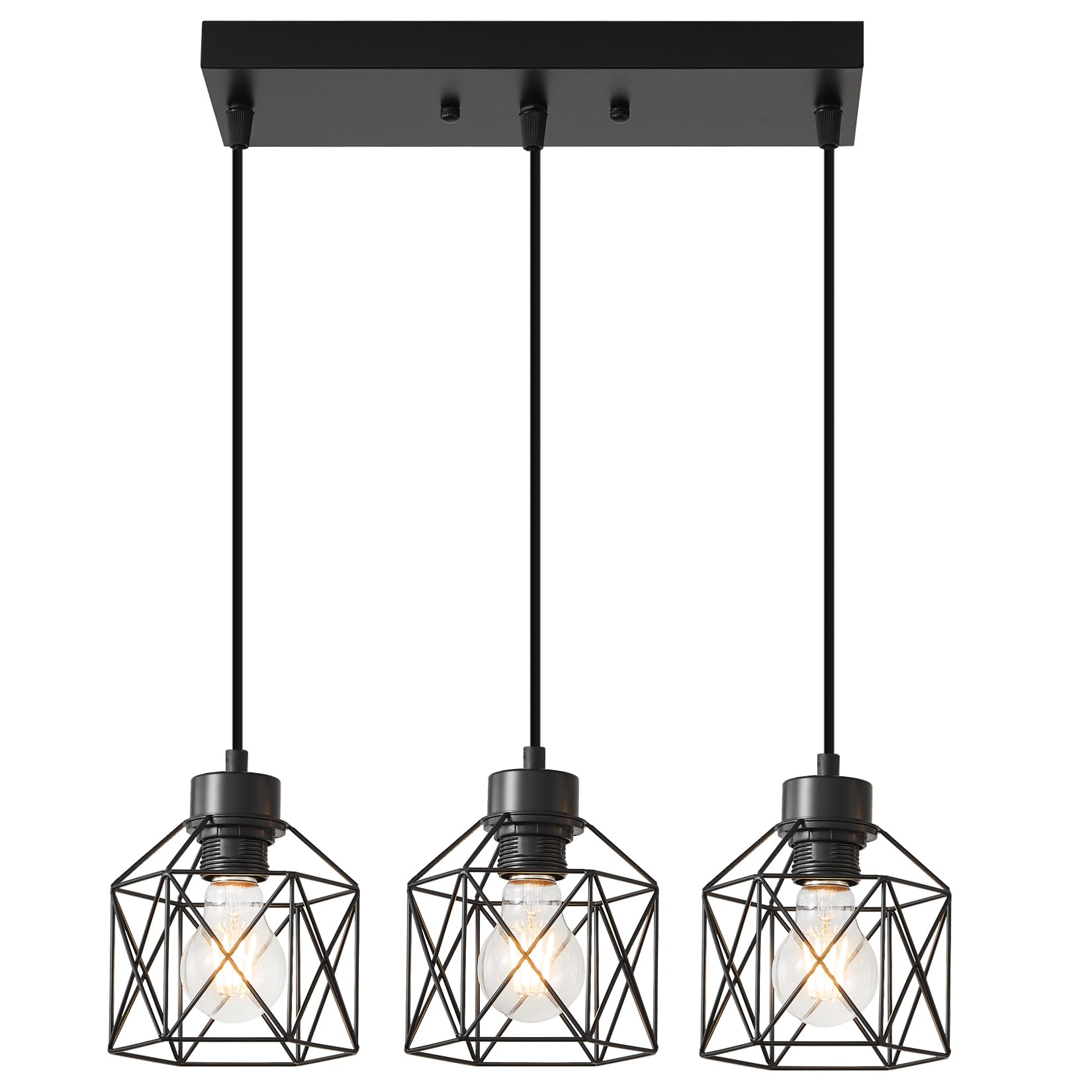 3-Light Hanging Pendant Light Fixtures, Farmhouse Kitchen Island Light Fixture, Industrial Hanging Pendant Lighting for Dining Room Bedroom Hallway, Black Metal Cage Pendant Lamp, E26 Base