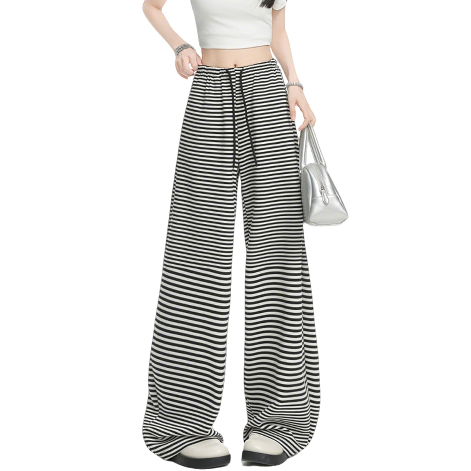 Wide Leg Pants for Women Elastic Waist Drawstring Striped Ribbed Casual Baggy Sweatpants Trendy Y2K Streetwear