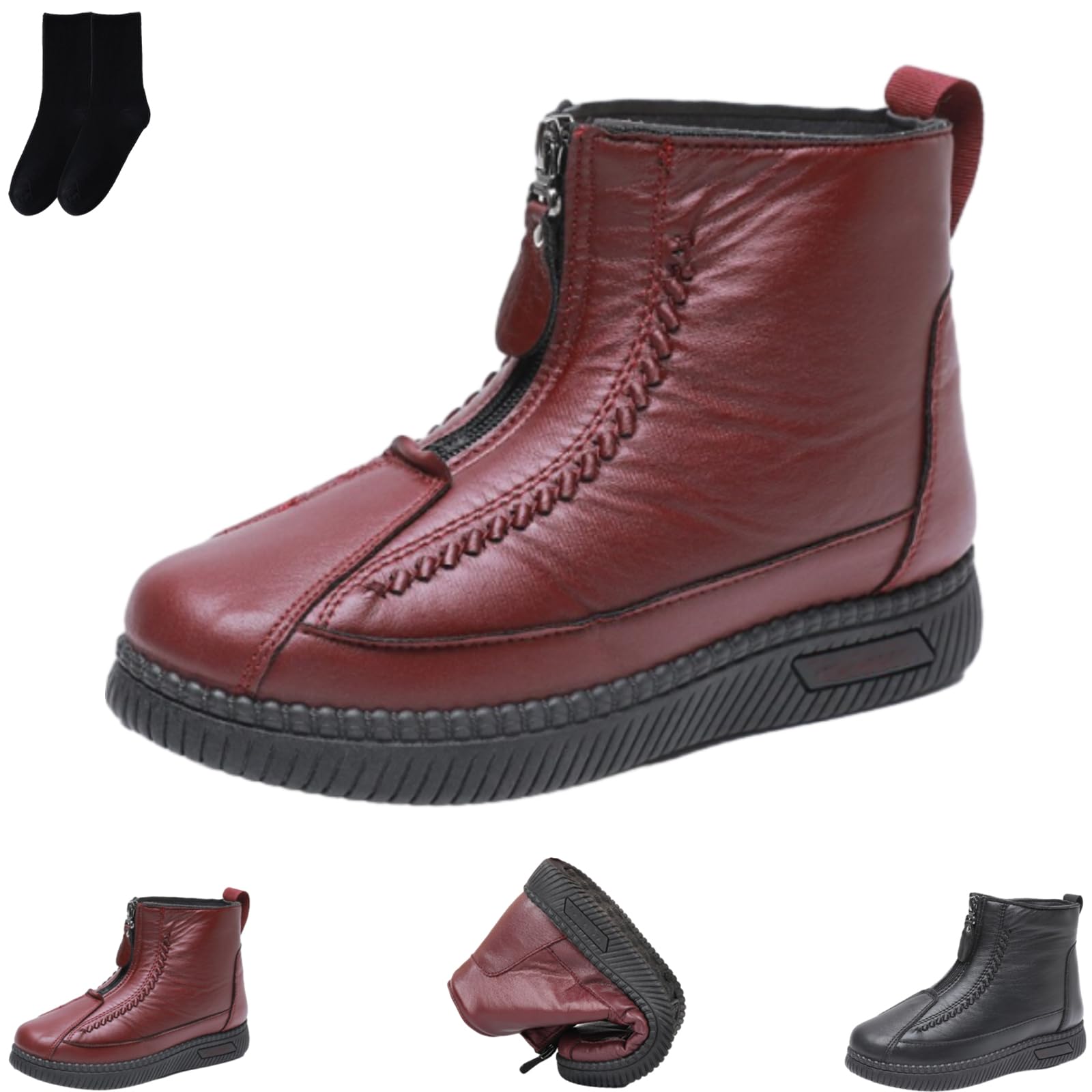 Womens Waterproof Non-Slip Cotton Leather Boots with Front Zipper Ladies Ankle Booties Winter Outdoor Warm Fleece Lined Ankle
