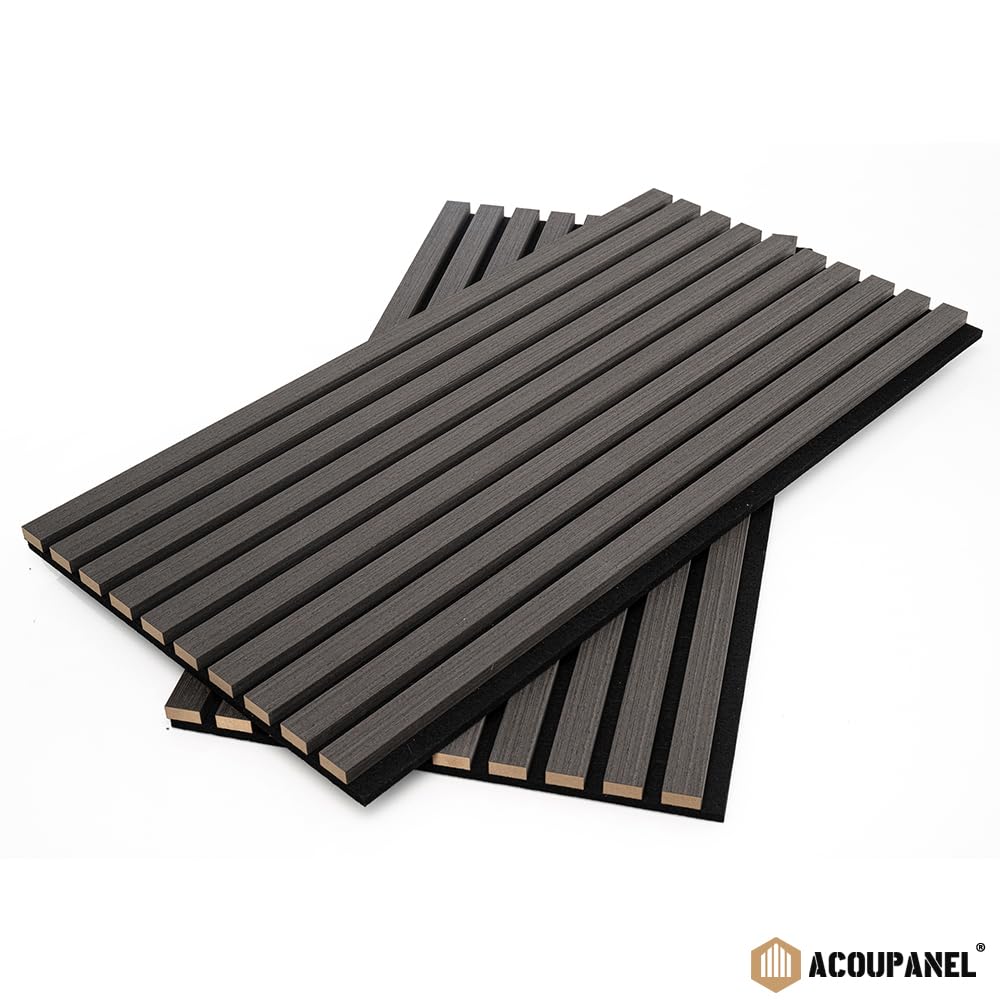 Panel acústico de tablillas de madera | Juego de 4 paneles de pared de 1,28 m² | Aislamiento acústico | Chapa de roble de 3 caras | Instalación fácil de pared o techo (roble negro)